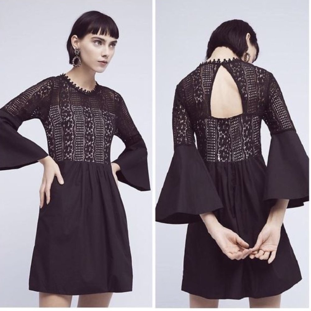 HD in Paris Anthropologie Drea Bell Sleeve Lace Dress | Black | Size Medium